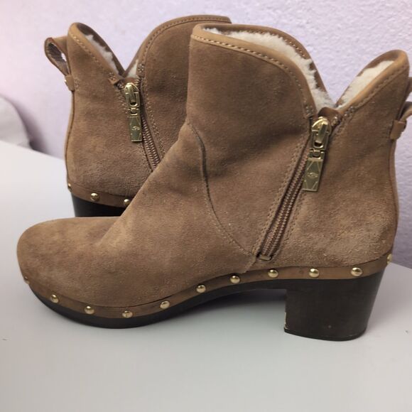 UGG Cam 2 Suede Sheepskin Chunky Heel Ankle Boots Zip Women's 8 Chestnut 1013599 - Picture 2 of 7